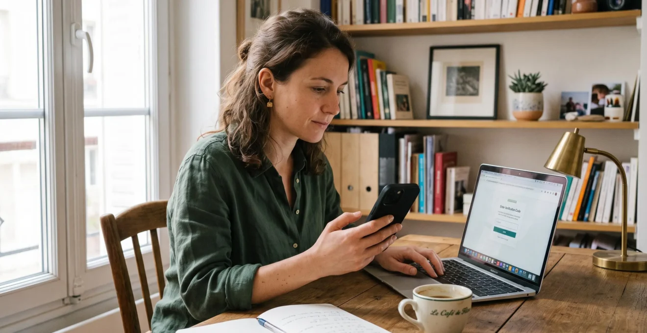 Une femme consulte son smartphone pendant une vérification de connexion sur son ordinateur portable.