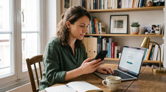 Une femme consulte son smartphone pendant une vérification de connexion sur son ordinateur portable.