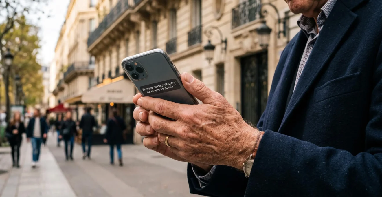 Les mains d'un homme tenant un smartphone affichant une notification dans une rue urbaine.