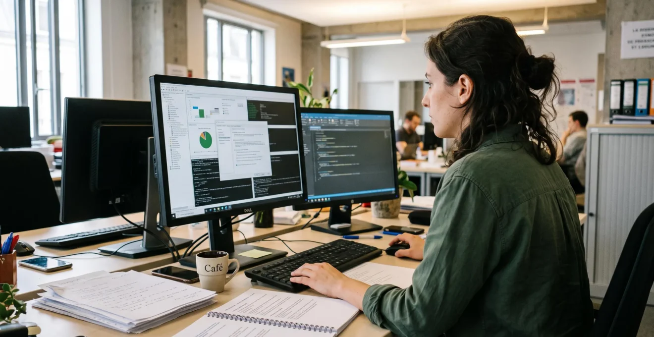 Un professionnel de la cybersécurité vérifie des paramètres de sécurité sur un ordinateur au bureau.